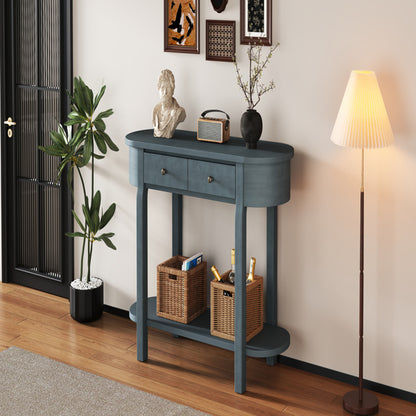 Elegant Retro Console Table – Vintage Navy Wooden Entryway Table with Drawers & Shelf