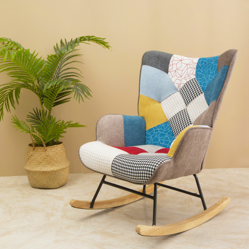 Accent Rocking Chair – Mid-Century Fabric Rocker with Patchwork Linen & Wood Legs