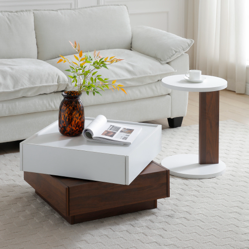 C-Shaped End Table – Small Sofa Side Table with Wood Frame for Living Room, Bedroom, or Bedside, White & Walnut