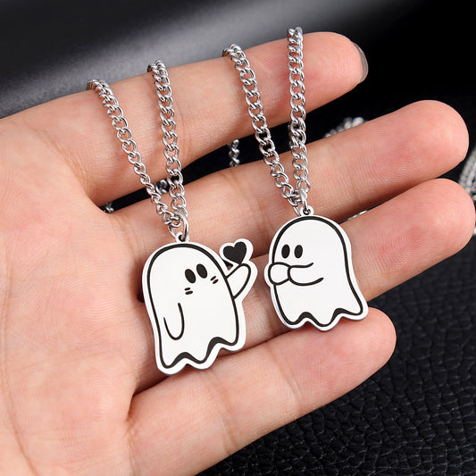 Halloween Cute Love Ghost Necklace Set – Matching Pendant Necklaces for Couples