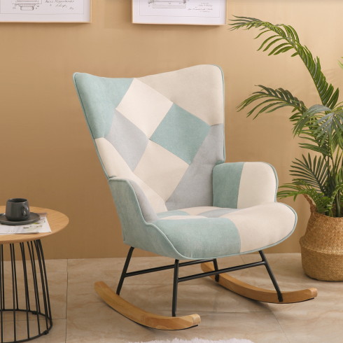 Accent Rocking Chair – Mid-Century Fabric Rocker with Patchwork Linen & Wood Legs