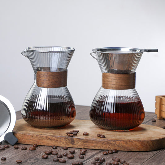 Striped Glass Coffee Pot with Wooden Ring