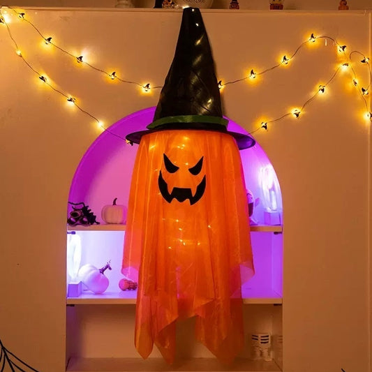 Glowing Ghost Halloween Hanging Decorations with Wizard Hats – Battery Operated Party Ornaments