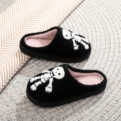 Halloween Embroidered Skull & Ghost Plush Cotton Slippers – Cozy Unisex Indoor Slippers