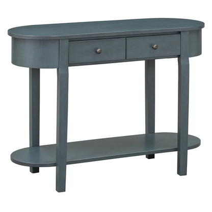 Elegant Retro Console Table – Vintage Navy Wooden Entryway Table with Drawers & Shelf
