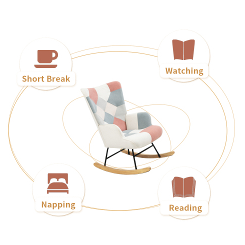Accent Rocking Chair – Mid-Century Fabric Rocker with Patchwork Linen & Wood Legs