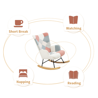 Accent Rocking Chair – Mid-Century Fabric Rocker with Patchwork Linen & Wood Legs