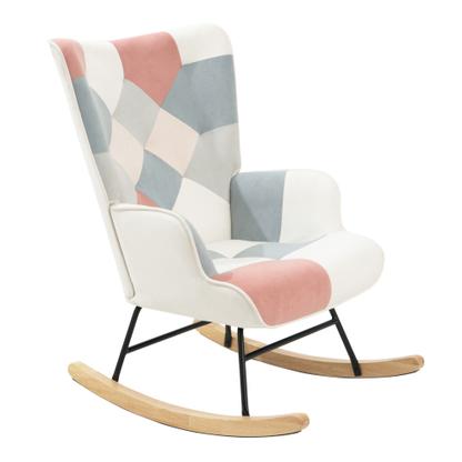 Accent Rocking Chair – Mid-Century Fabric Rocker with Patchwork Linen & Wood Legs
