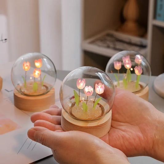 Handmade Artificial Tulip Night‑Light Lamp – LED DIY Bedside & Table Decor