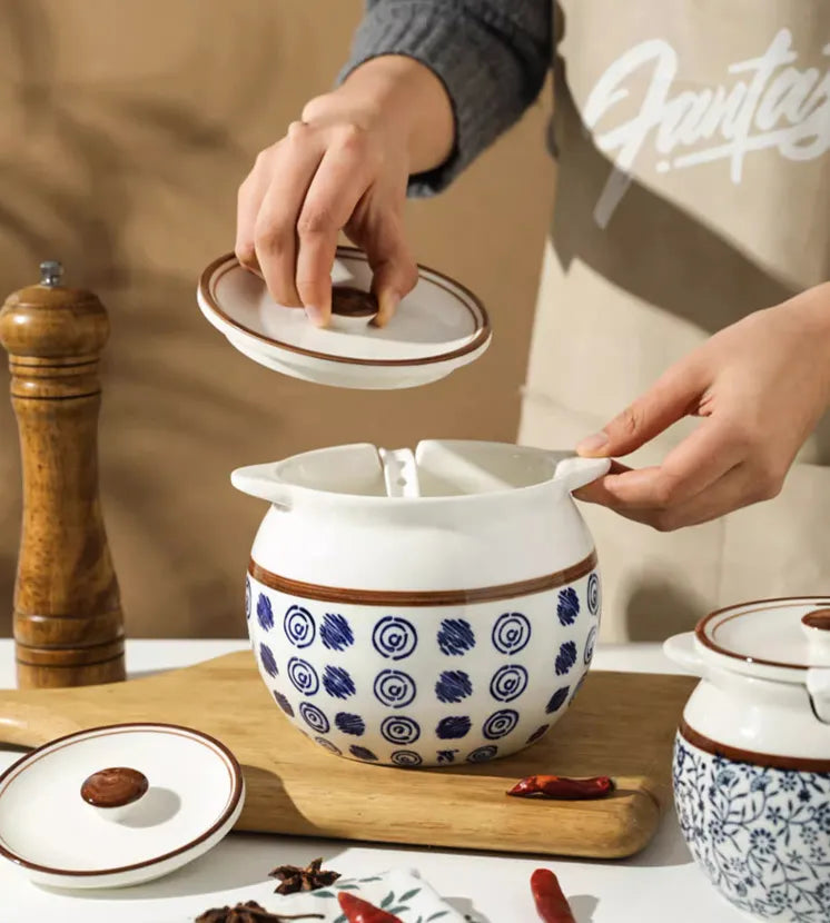 Elegant Ceramic Lard & Seasoning Jar with Lid – Floral Design, 700ml & 1400ml