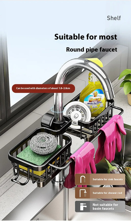 Multifunctional Aluminum Sink Faucet Storage Rack – Drain Basket & Organizer for Kitchen & Bathroom