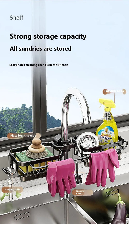 Multifunctional Aluminum Sink Faucet Storage Rack – Drain Basket & Organizer for Kitchen & Bathroom