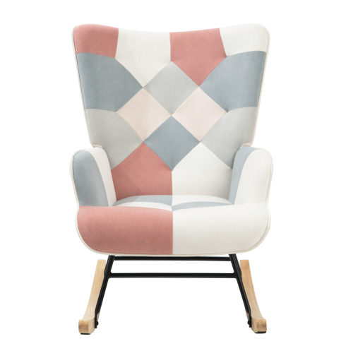 Accent Rocking Chair – Mid-Century Fabric Rocker with Patchwork Linen & Wood Legs