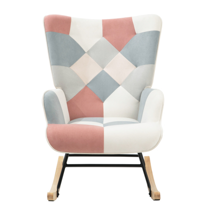 Accent Rocking Chair – Mid-Century Fabric Rocker with Patchwork Linen & Wood Legs