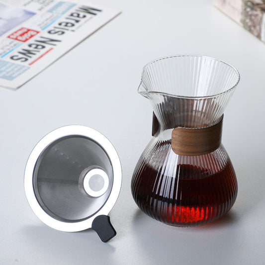 Striped Glass Coffee Pot with Wooden Ring