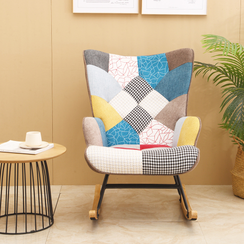 Accent Rocking Chair – Mid-Century Fabric Rocker with Patchwork Linen & Wood Legs