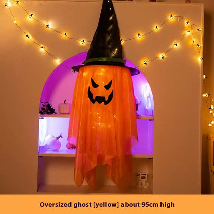 Glowing Ghost Halloween Hanging Decorations with Wizard Hats – Battery Operated Party Ornaments