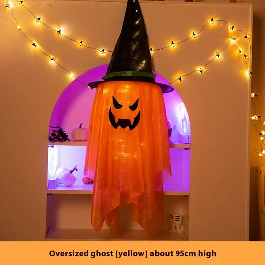 Glowing Ghost Halloween Hanging Decorations with Wizard Hats – Battery Operated Party Ornaments