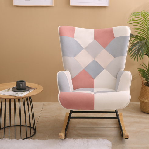 Accent Rocking Chair – Mid-Century Fabric Rocker with Patchwork Linen & Wood Legs