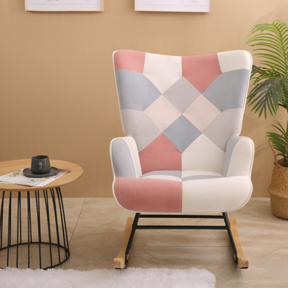 Accent Rocking Chair – Mid-Century Fabric Rocker with Patchwork Linen & Wood Legs