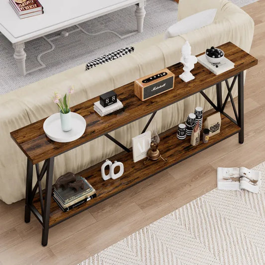 Ultra Long 70.9-Inch Sofa Console Table – Brown Wood & Metal, Rear Entryway Table