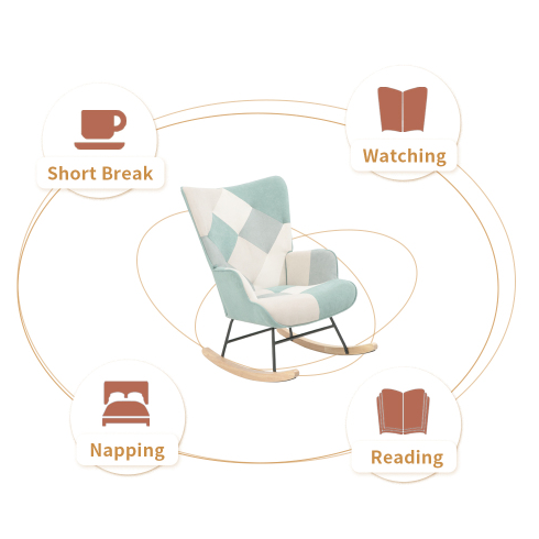 Accent Rocking Chair – Mid-Century Fabric Rocker with Patchwork Linen & Wood Legs