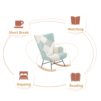 Accent Rocking Chair – Mid-Century Fabric Rocker with Patchwork Linen & Wood Legs