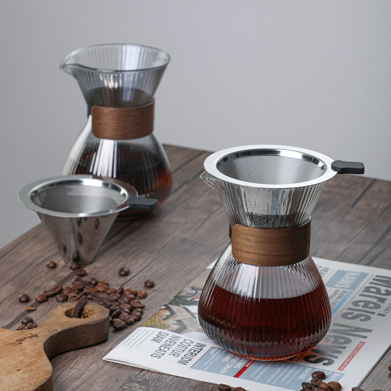 Striped Glass Coffee Pot with Wooden Ring