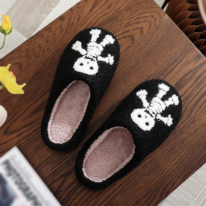 Halloween Embroidered Skull & Ghost Plush Cotton Slippers – Cozy Unisex Indoor Slippers