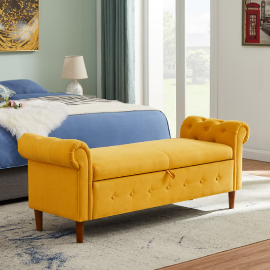Yellow Multifunctional Storage Sofa Stool – Rectangular Linen Ottoman with Hidden Compartment