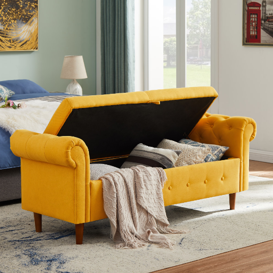 Yellow Multifunctional Storage Sofa Stool – Rectangular Linen Ottoman with Hidden Compartment
