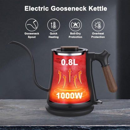 Gooseneck Electric Kettle – 1000W Fast Boil, 100% Stainless Steel Inner, BPA-Free with Auto Shutoff & Precision Pour