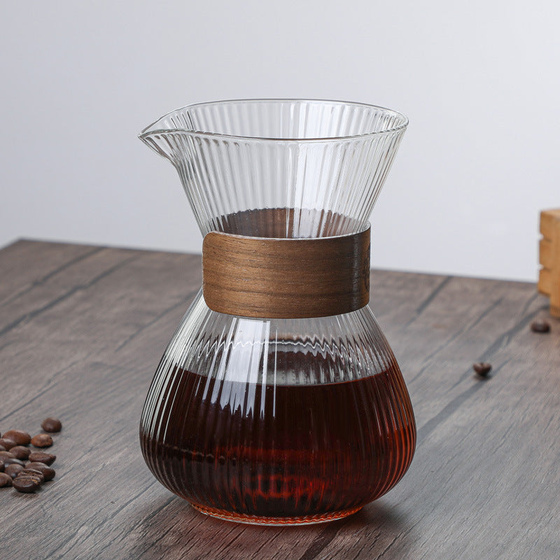 Striped Glass Coffee Pot with Wooden Ring