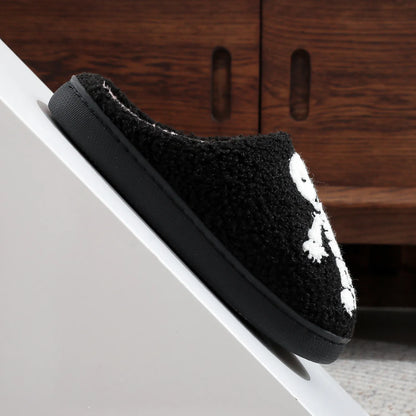 Halloween Embroidered Skull & Ghost Plush Cotton Slippers – Cozy Unisex Indoor Slippers