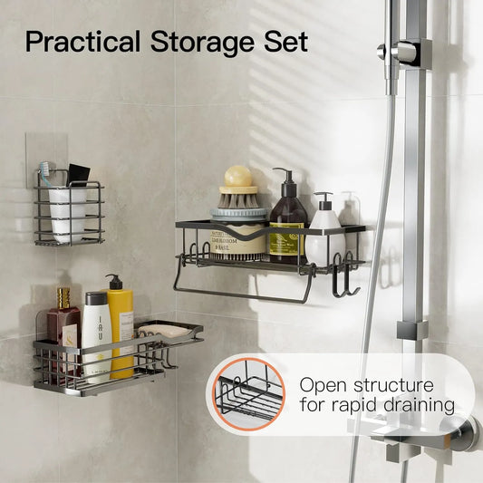 Rustproof SUS304 Stainless Steel No Drill Shower Caddy & Soap Dish with Hooks – Wall-Mounted Organizer