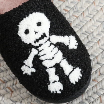 Halloween Embroidered Skull & Ghost Plush Cotton Slippers – Cozy Unisex Indoor Slippers