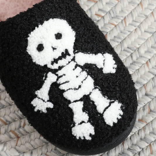 Halloween Embroidered Skull & Ghost Plush Cotton Slippers – Cozy Unisex Indoor Slippers