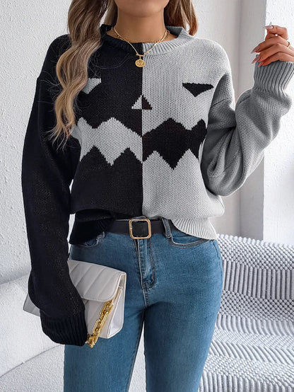 Halloween Ghost Contrast‑Color Pullover Sweater – Loose Knit Top for Women