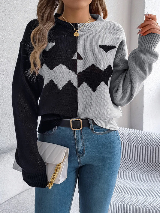 Halloween Ghost Contrast‑Color Pullover Sweater – Loose Knit Top for Women