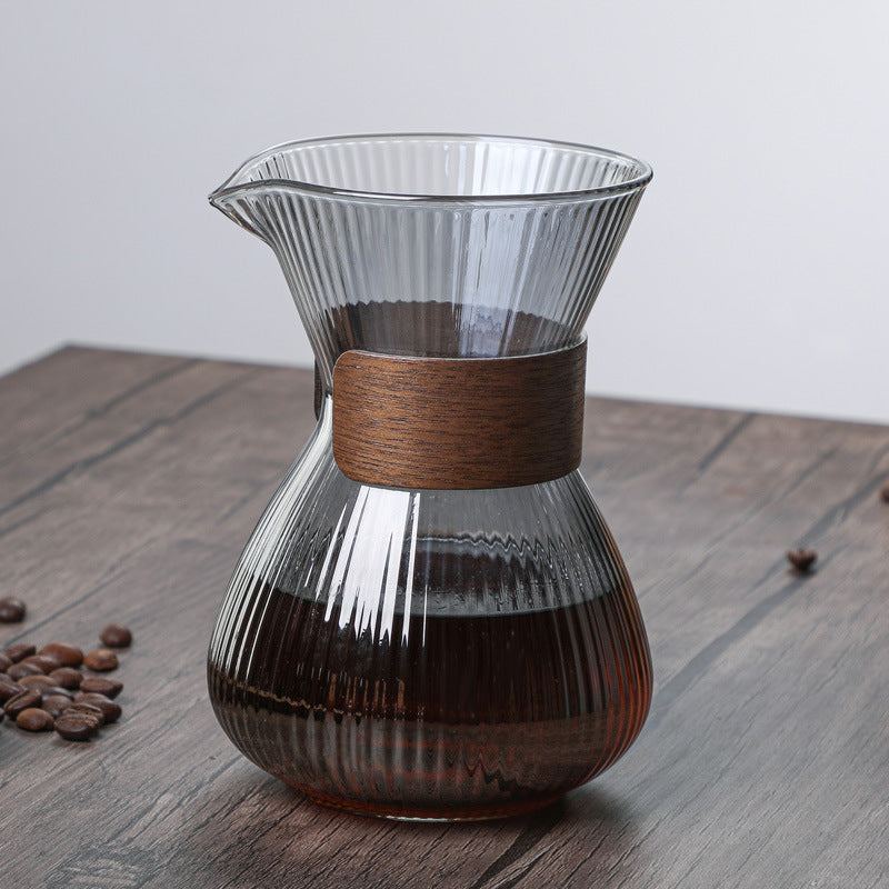 Striped Glass Coffee Pot with Wooden Ring
