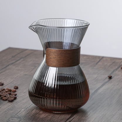 Striped Glass Coffee Pot with Wooden Ring