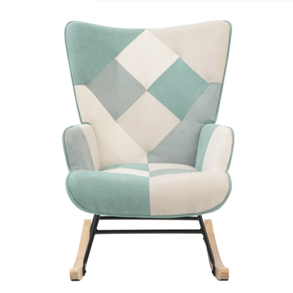 Accent Rocking Chair – Mid-Century Fabric Rocker with Patchwork Linen & Wood Legs