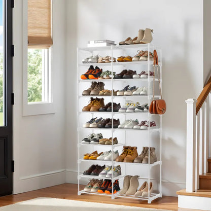Double Row 10 Layer Non-woven Shoe Rack – Black, Space-Saving Storage Organizer