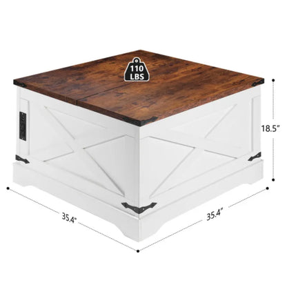 Multi-functional Lifting Coffee Table with USB & Power Outlets – 90CM Retro Vintage White, Living Room Home Table