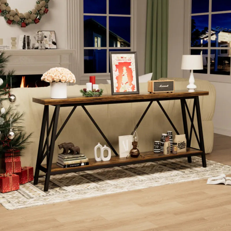 Ultra Long 70.9-Inch Sofa Console Table – Brown Wood & Metal, Rear Entryway Table
