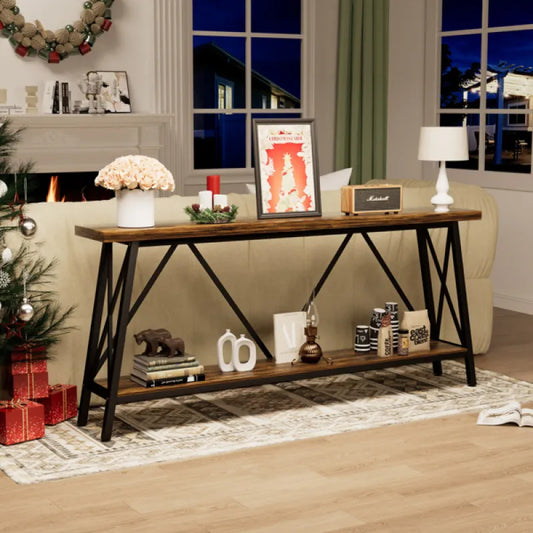 Ultra Long 70.9-Inch Sofa Console Table – Brown Wood & Metal, Rear Entryway Table
