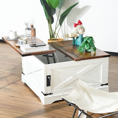 Multi-functional Lifting Coffee Table with USB & Power Outlets – 90CM Retro Vintage White, Living Room Home Table