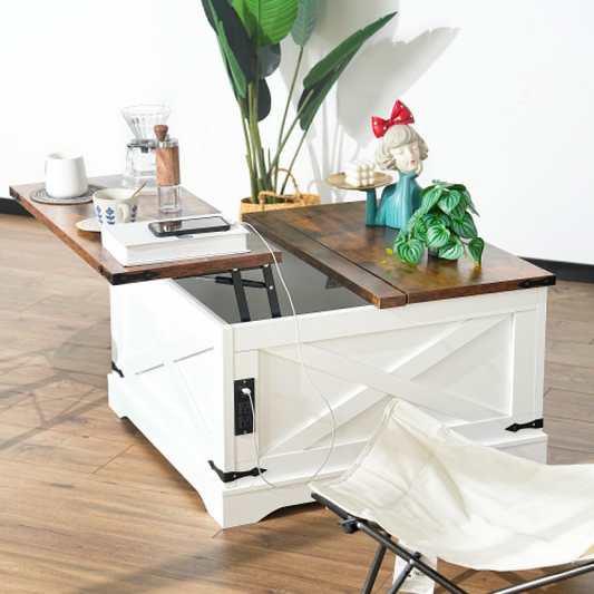 Multi-functional Lifting Coffee Table with USB & Power Outlets – 90CM Retro Vintage White, Living Room Home Table