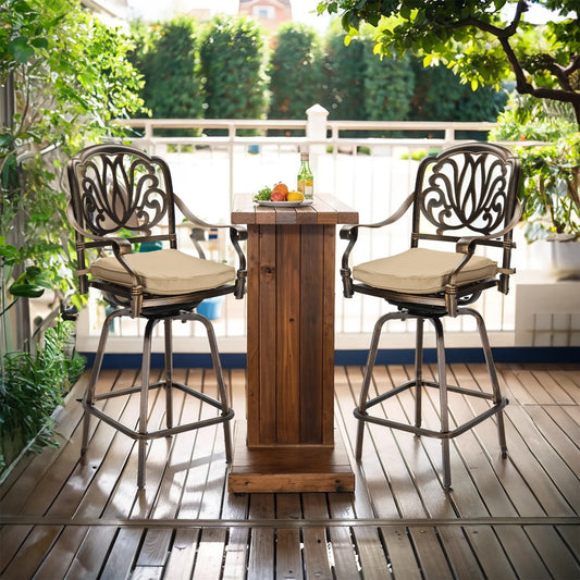 2PCS Cast Aluminum Swivel Bar Stools – Bronze Finish with Beige Cushions