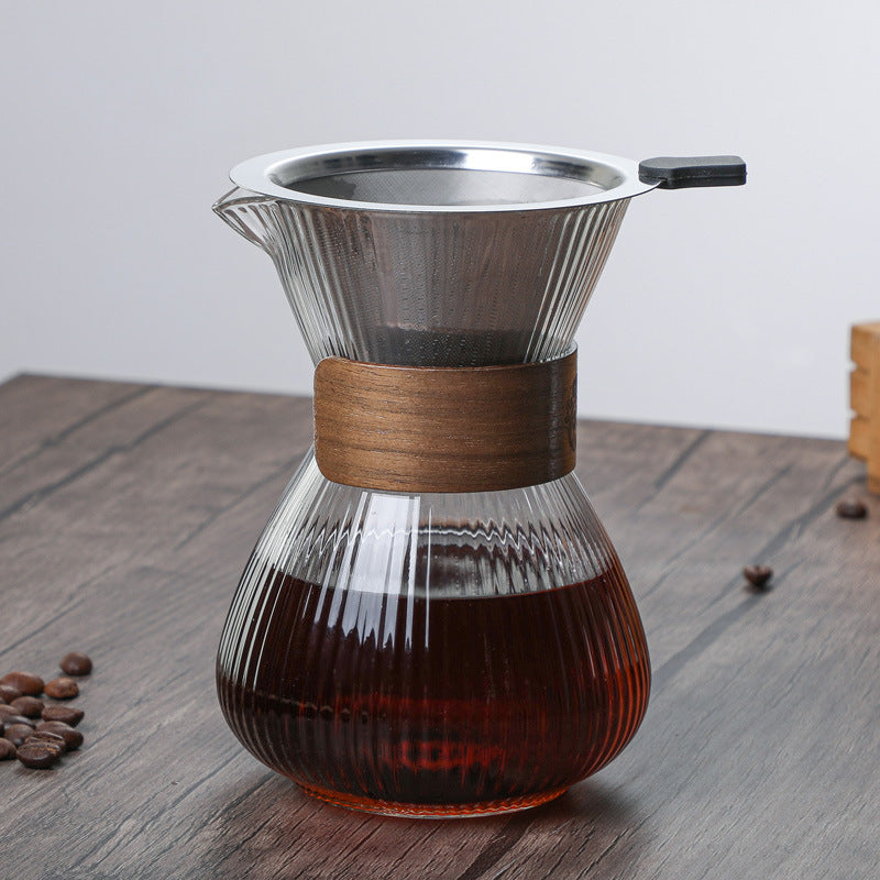 Striped Glass Coffee Pot with Wooden Ring